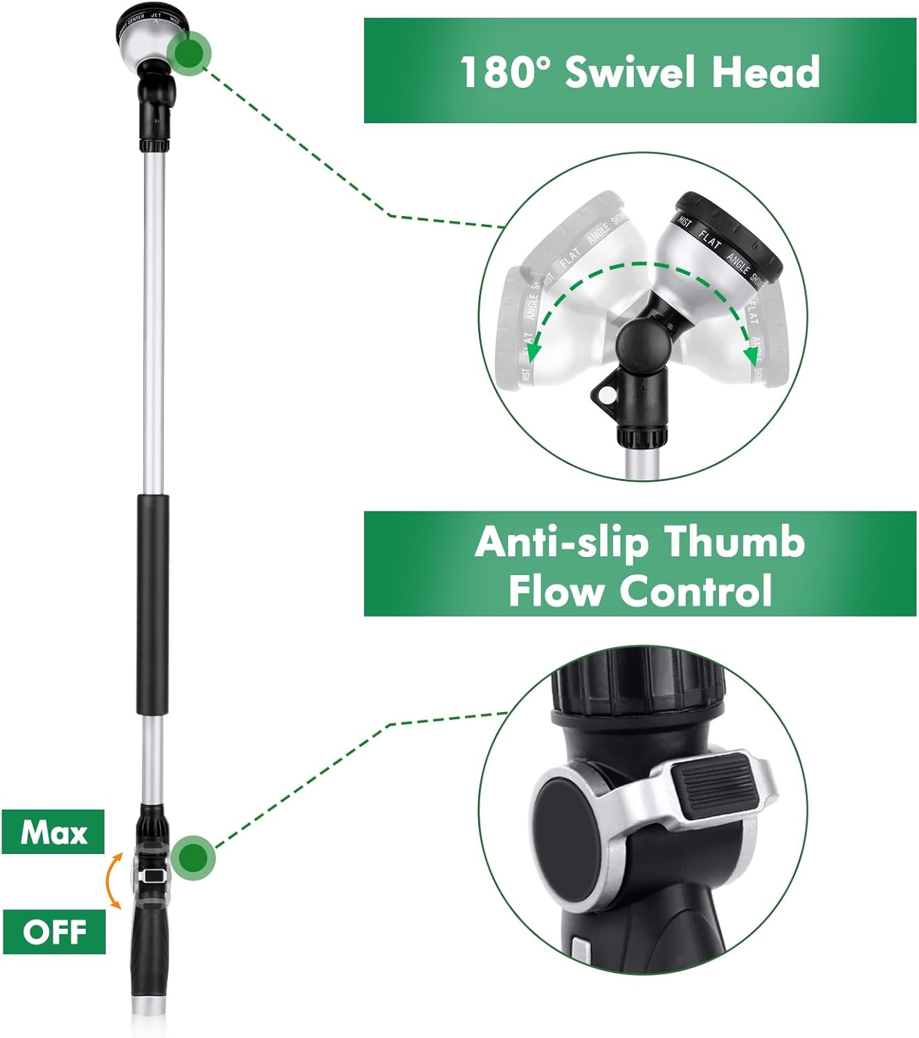 RESTMO 36” Long Watering Wand, Metal Garden Hose Wand with 180° Swivel Head and 10 Spray Patterns, Heavy Duty Hose Nozzle Sprayer with Thumb Flow Control, for Water Hanging Baskets, Shrubs, Silver