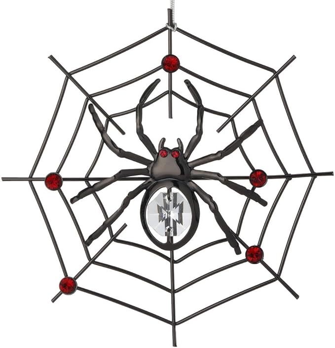 Matashi Black Spider Hanging Ornament for Christmas Tree w Clear, Red Crystals – Lucky Spider Web Decoration for Tree, Seasonal Decor Holiday Hanging Ornament Gift Inspired by Christmas Spider Legend