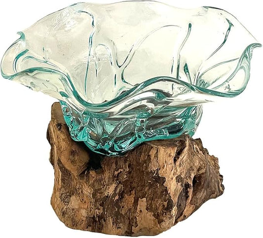 OMA Blown Glass Vase with Teak Base Hand Crafted Glass Planter Terrarium Tabletop Centerpiece for Home Decor and Unique Gift