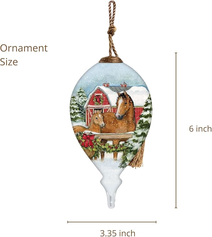 Horse Christmas Ornament – Hand-Painted Glass Horse Ornament for Christmas Tree – Holiday Horse Decorations with Mare and Foal – Farmhouse Barn Scene Ornament