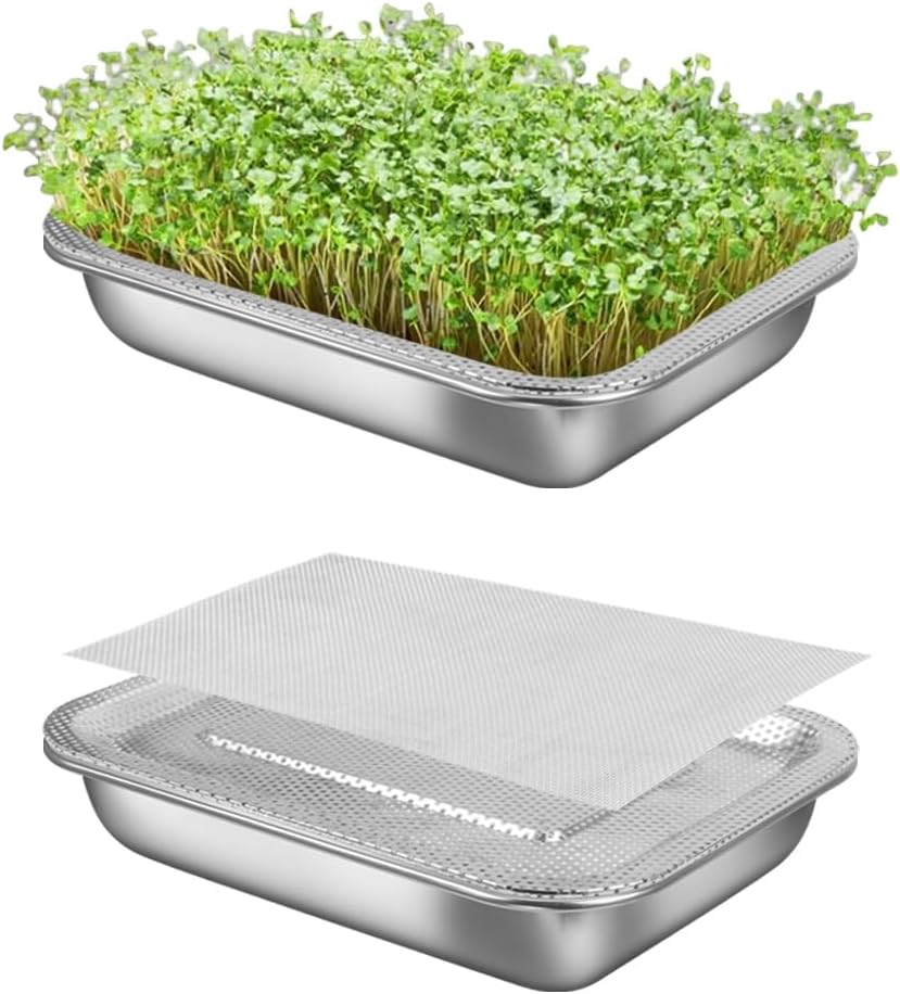 Picowe Stainless Steel Sprouting Trays Seed Sprouting Kit with Stainless Steel Mesh Tray Seed Starter Tray Seed Sprouting Kit (2pack, 10.4 x 7.7inch)
