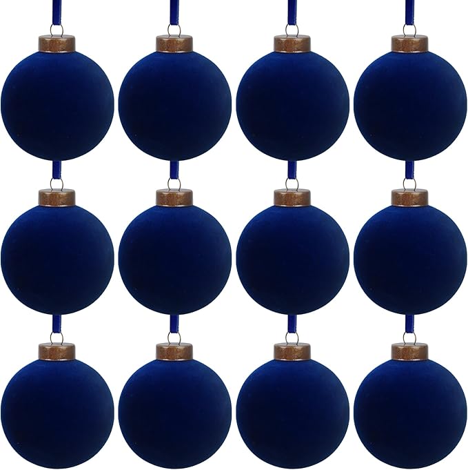 12 Pcs Velvet Christmas Balls Bulk Shatterproof Plastic Christmas Tree Decorations for Decorative Hanging Baubles (12, Navy Blue, 2.36Inch)