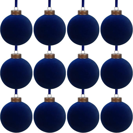12 Pcs Velvet Christmas Balls Bulk Shatterproof Plastic Christmas Tree Decorations for Decorative Hanging Baubles (12, Navy Blue, 2.36Inch)