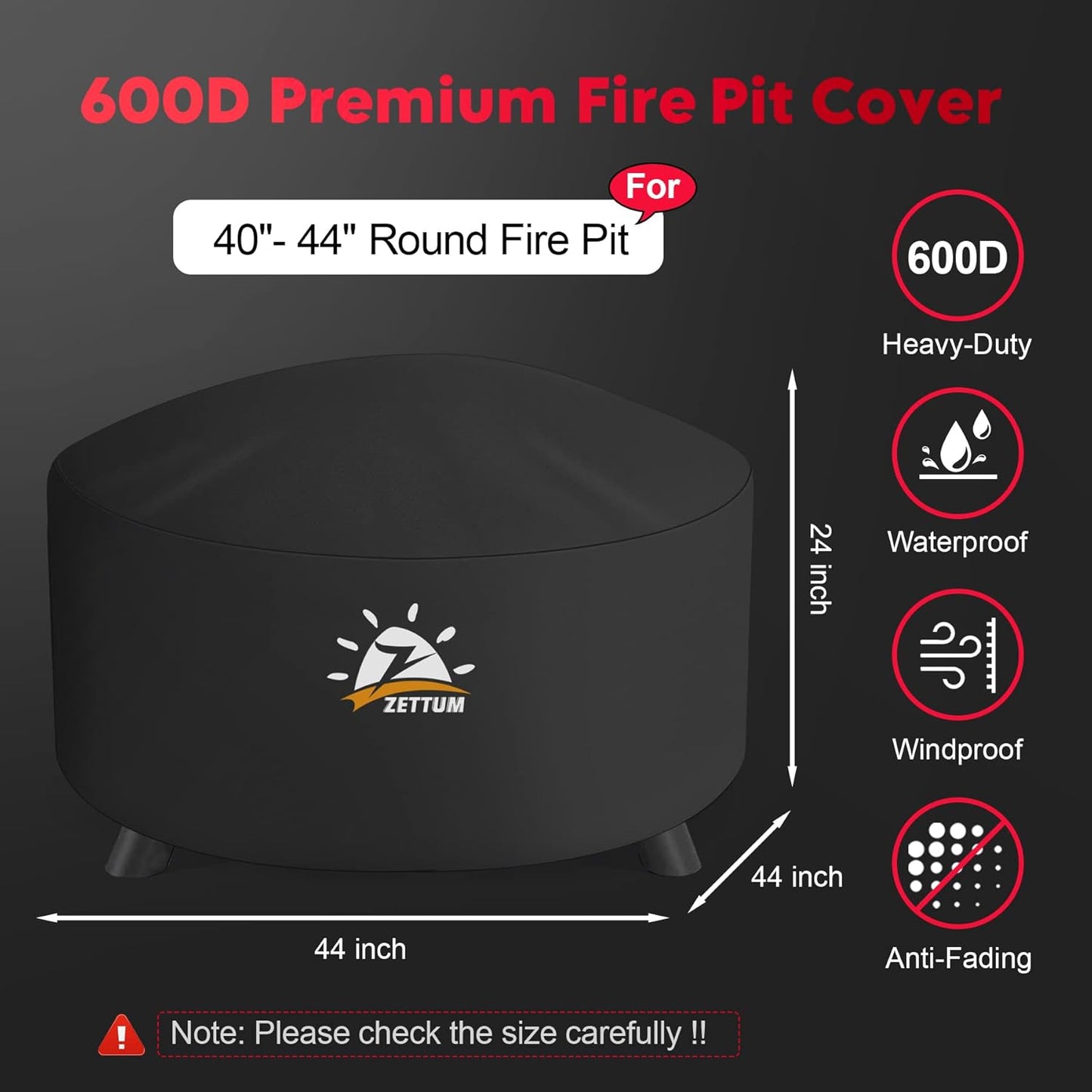 Fire Pit Cover Round 44 Inch - Outdoor Firepit Cover Heavy Duty & Waterproof, 600D Patio Fire Table Cover Gas Fire Pit Accessories Fade & Weather Resistant - 44 x 44 x 24 Inch