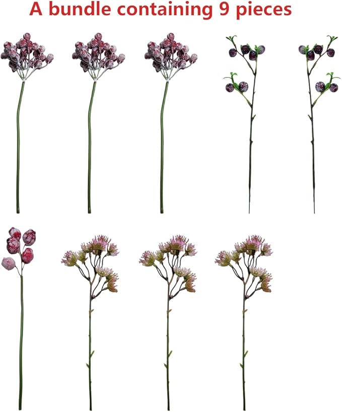 Artificial Flowers with Blueberries 9 Stems - Non Irritating Gas for Indoor and Outdoor Decoration, Home Decor, Wedding Decor and Table Centerpieces（no vase）