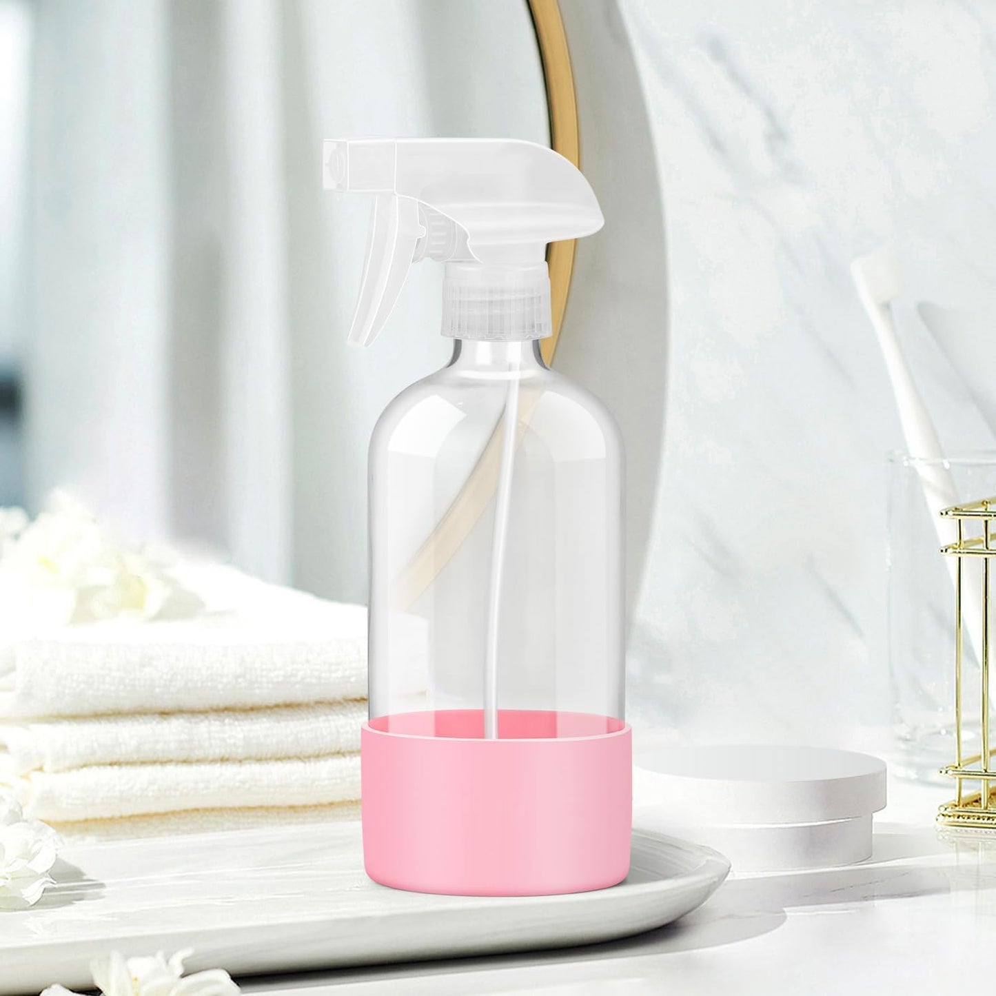 Glass Spray Bottles with Silicone Sleeve Protection, Empty 16 oz Refillable Containers, Reusable Spray Bottles with Adjustable Nozzle for Hair, Cleaning Solutions, 3 Pack Pink