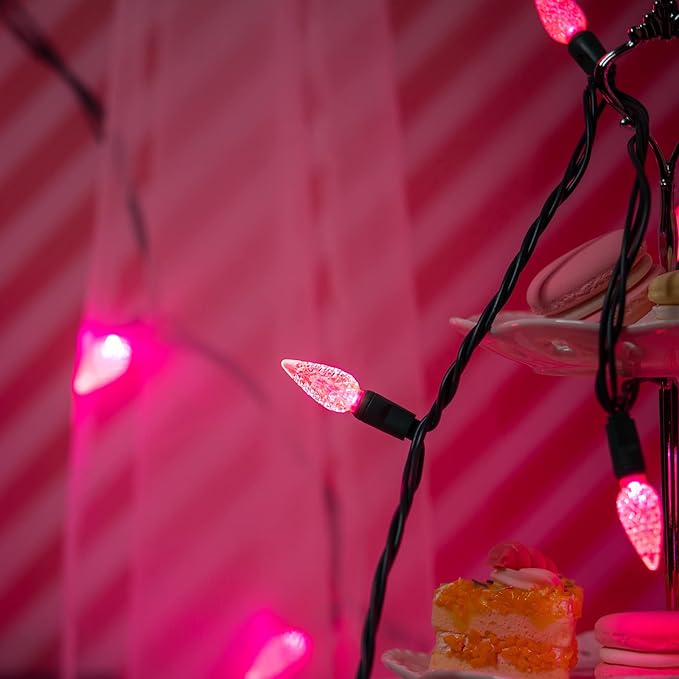 YULETIME Pink One-Piece C6 Strawberry Christmas Lights 140 Count 71 Feet, 2 Sets 70 LED 35.5 ft High Waterproof UL Certified String Light (Pink)