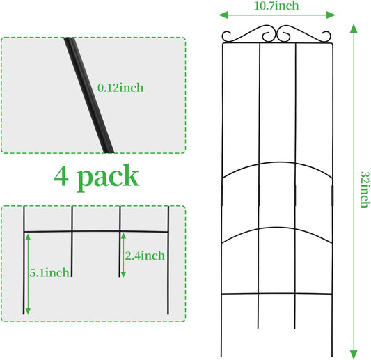 32 Inch Metal Plant Trellis for Climbing Plants Outdoor，4 Pack Garden Trellis for Potted Climbing Plants Indoor Houseplants Flowers Vine Ivy,Black,Rectangle