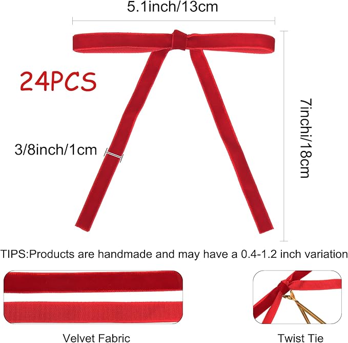 24 Pcs Velvet Christmas Tree Bows Decor, Vintage Wreath Bow for Christmas Garland, Gift Wrapping, Xmas Tree, 3/8'' Wide, 5 * 7 inch (Red)