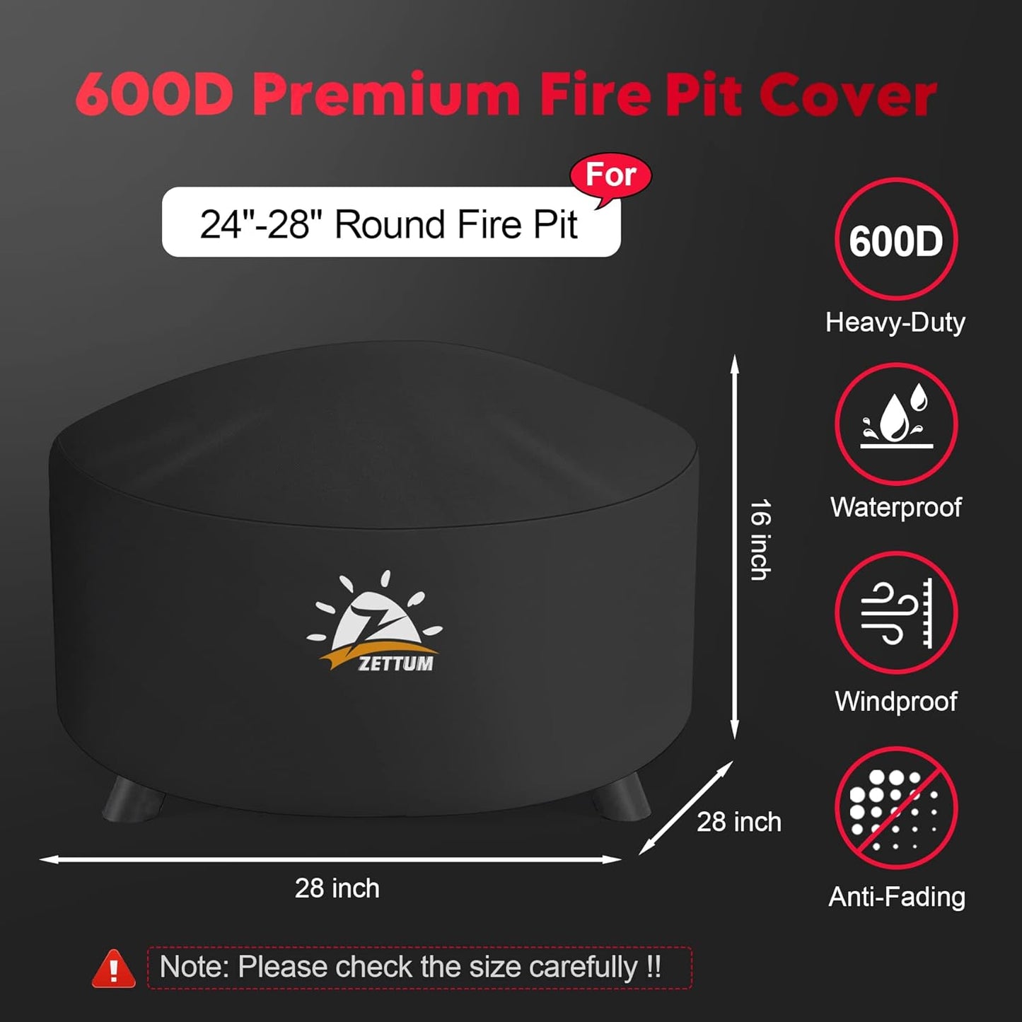 Fire Pit Cover Round 28 Inch - Outdoor Firepit Cover Heavy Duty & Waterproof, 600D Patio Fire Table Cover Gas Fire Pit Accessories Fit 27" Solo Stove Yukon Series Firepit - 28 x 28 x 16 Inch