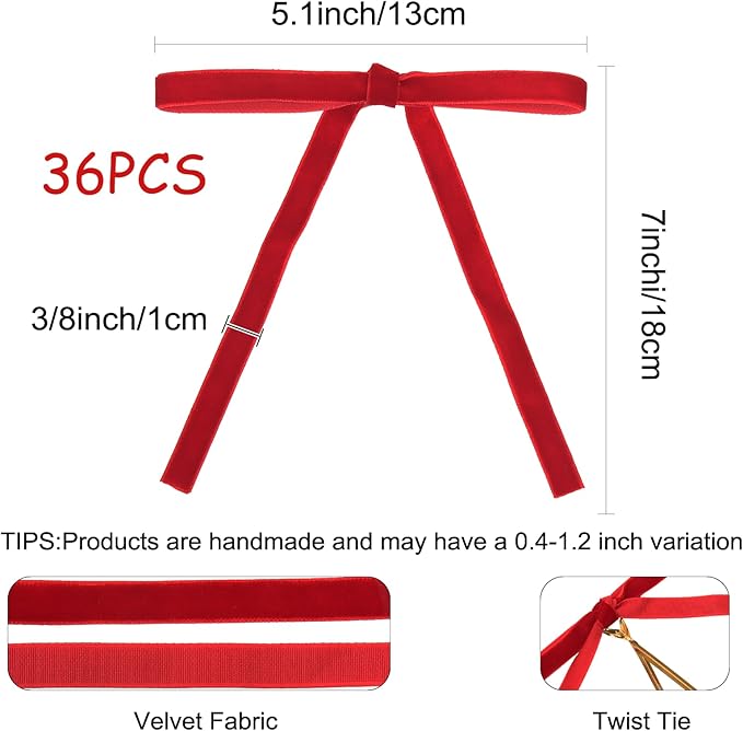 36 Pcs Velvet Christmas Tree Bows Decor, Vintage Wreath Bow for Christmas Garland, Gift Wrapping, Xmas Tree, 3/8'' Wide, 5 * 7 inch (Red)