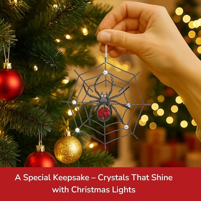 Matashi Black Spider Hanging Ornament for Christmas Tree w Red, Clear Crystals – Lucky Spider Web Decoration for Tree, Seasonal Decor Holiday Hanging Ornament Gift Inspired by Christmas Spider Legend