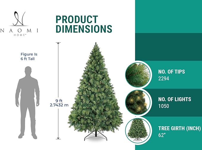 Naomi Home 9ft Christmas Tree with Lights Realistic Traditional Christmas Tree Prelit with Pine Cones Foot Pedal 2294 Branch Tips 1050 Warm Lights and Metal Stand Aritificial