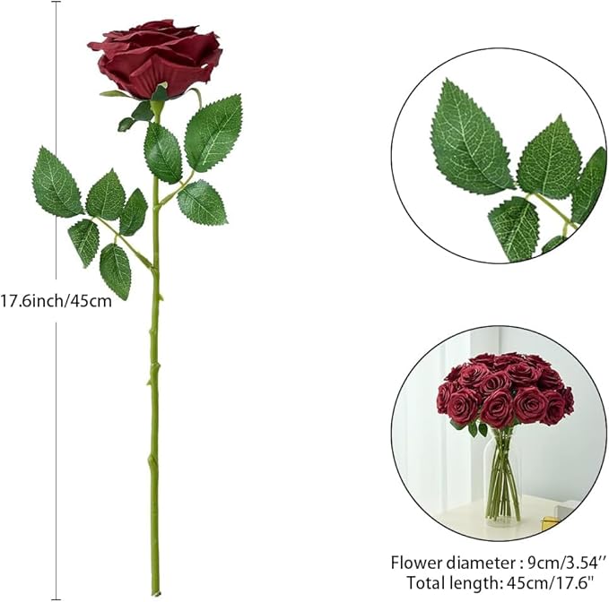 Carlita's Blooms 50pcs Burgundy Rose Artificial Silk Roses, Realistic, Long Lasting, Versatile for Weddings & Parties