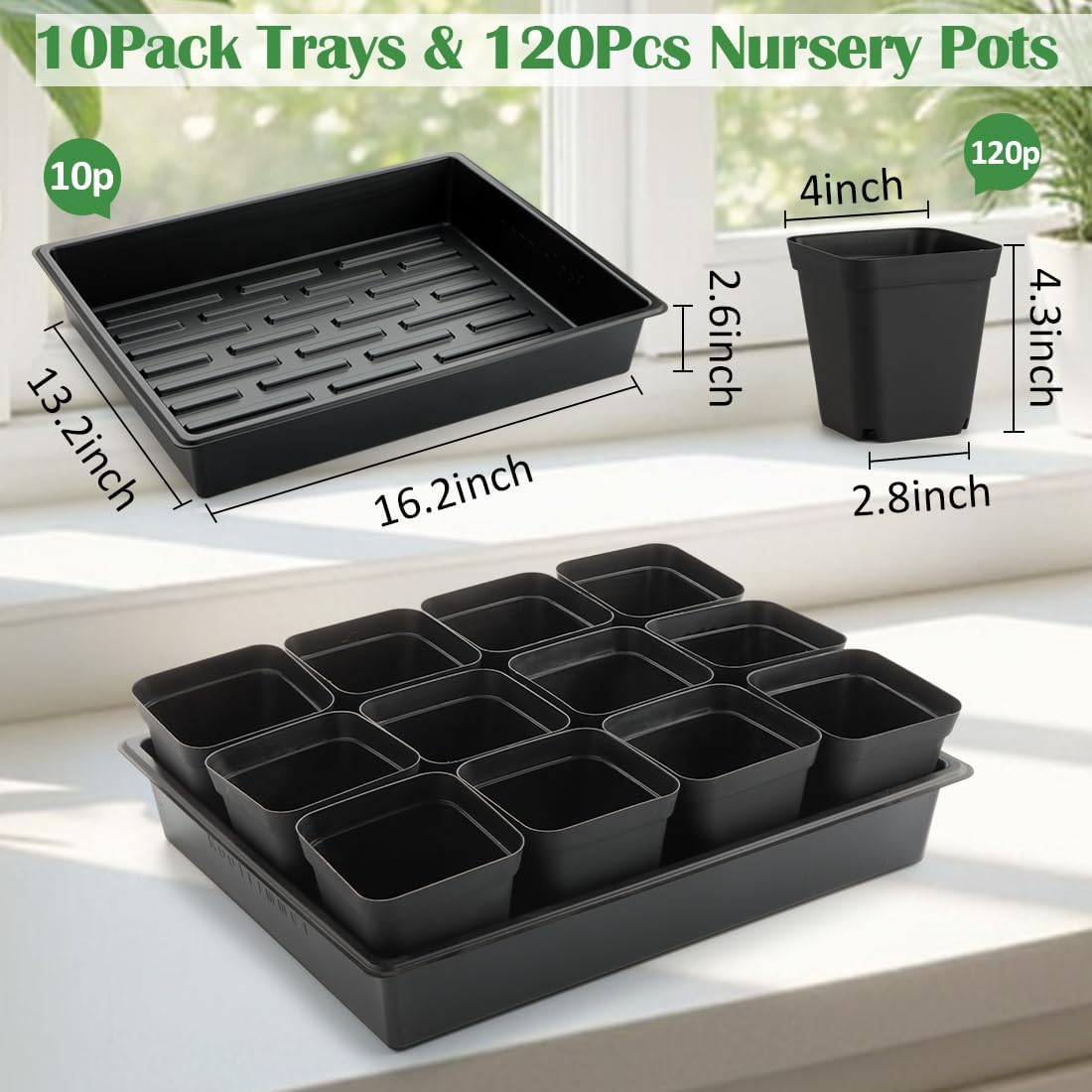 4 inch (10CM) Square Nursery Pots 120pcs, Sturdy Seedlings Trays 10 Pcs, Seeds Starter Germination Tray, Microgreening Planter Nursery Propagation 10 Sets