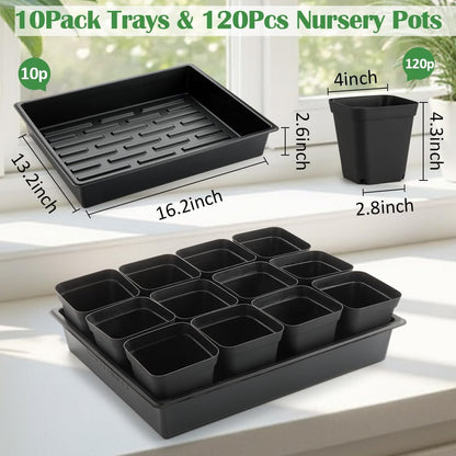 4 inch (10CM) Square Nursery Pots 120pcs, Sturdy Seedlings Trays 10 Pcs, Seeds Starter Germination Tray, Microgreening Planter Nursery Propagation 10 Sets