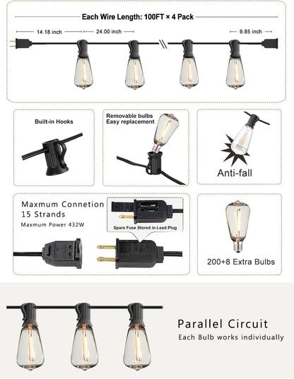 DAMAING Outdoor String Lights Weatherproof 400FT shatterproof connectable Patio Lights for Outside 4 Pack x 100FT with 208 Vintage dimmable LED Edison Bulbs,Hanging Lights for Garden,Balcony