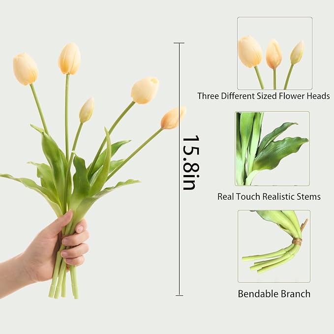 15 pcs Cream Tulips Artificial Flowers Faux Tulips Real Touch Latex Fake Flower Bouquet for Spring Wedding Home Décor Centerpiece Arrangements