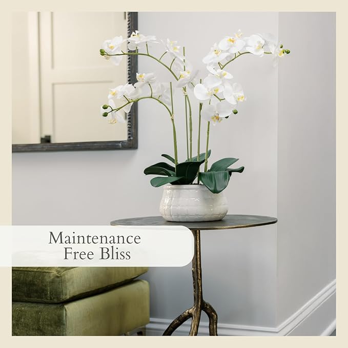 CG Hunter Faux White Orchid Plant, Premium Artificial Indoor Flower Display Stands 23”, Beautiful Sculptural Blooms That Lasts Forever, White Planter Pot Included