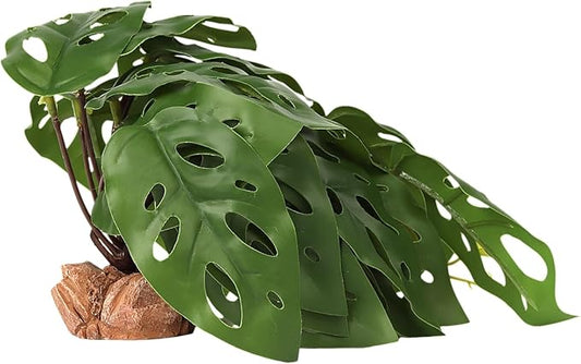 Reptile Plants for Terrarium, Ball Python Tank Decor Accessories fit Bearded Dragon Crested Leopard Gecko Lizard Chameleon Snake Frog Tortoise Hermit Crab - Fake Swiss Cheese Plants