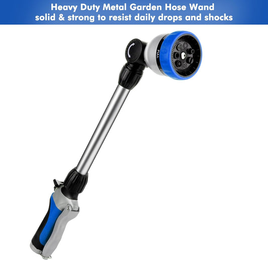 RESTMO Metal Watering Wand, Heavy Duty Garden Hose Wand with 180° Swivel Ratcheting Head, 16'' Hose Nozzle Sprayer with 7 Spray Patterns and Flow Control, for Water Hanging Baskets and Shrubs, Blue