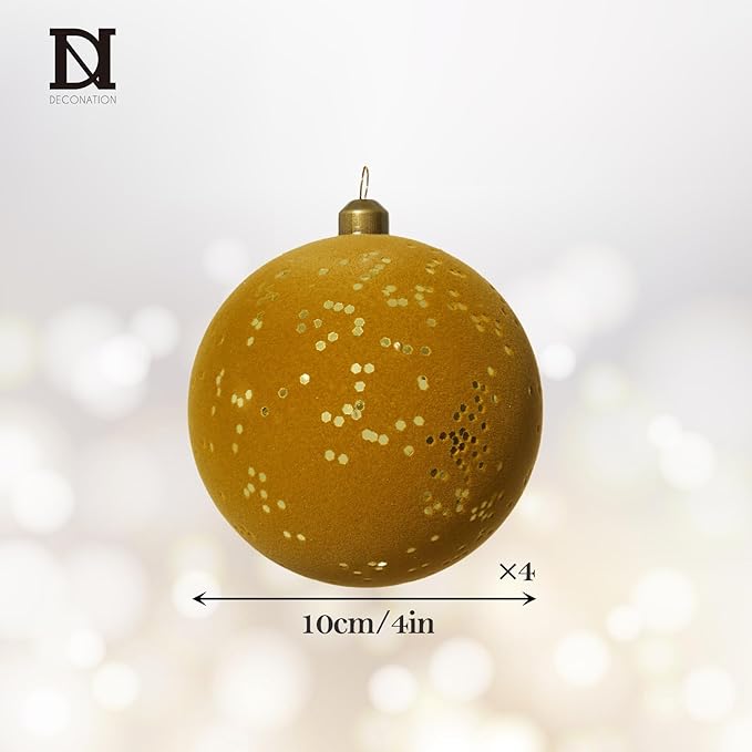 DN DECONATION 4PCS Christmas Tree Ball Ornaments – Light Brown & Gold Velvet Christmas Balls Decor with Ribbons, 4” Plastic Ball Ornament for Xmas Tree, Holiday Decorations Rustic Farmhouse Decor