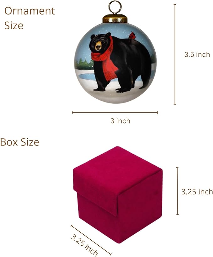 Black Bear Ornament with Red Scarf and Cardinal – Hand-Painted Glass Wildlife Christmas Ornament for Woodland Holiday Décor, Rustic Cabin Theme