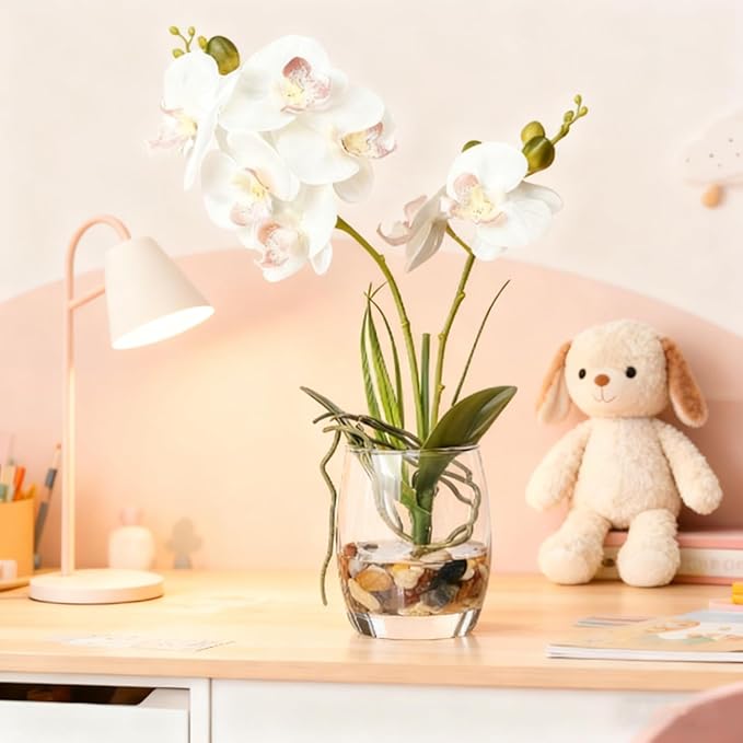 Jusdreen White Orchid Centerpiece in Glass Vase, 14.5 Inch Artificial Phalaenopsis with Potting for Home Office Decor, Table Centerpiece