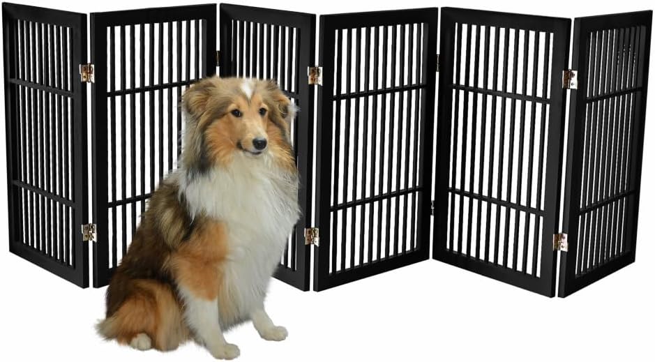 Pet Dog Gate Strong and Durable Freestanding Folding Acacia Hardwood Portable Wooden Fence Indoors or Outdoors by Urnporium (Black Pet Gate, 6 Panel 30" Tall)