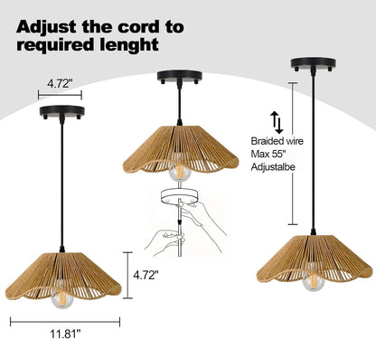 TERLEENART Hard Wired Rattan Pendant Lights Set of 2,Kitchen Island Pendant Lights with 12” Flower Shade,Boho Handwoven Paper Rope Rattan Ceiling Light for Living Room Dining Room Restaurant Foryer