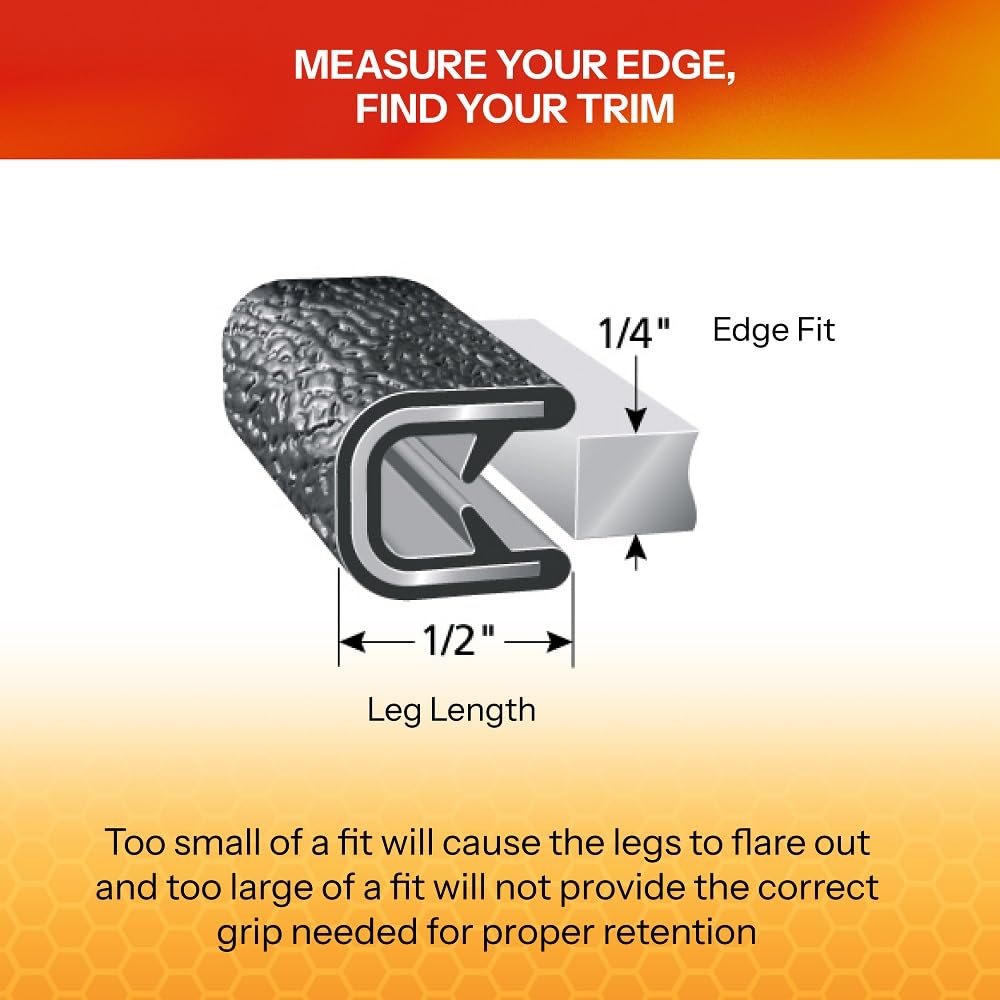 TRIM-LOK Edge Trim - Fits 1/4" Edge, 1/2” Leg Length, 25’ Length - Dual Gripping Fingers - Black, Pebble Texture - Flexible PVC Edge Protector