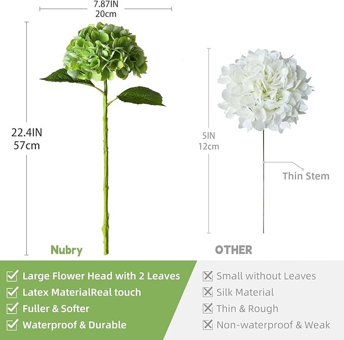 Nubry 22.44In Hydrangea Artificial Flowers, 4Pcs Latex Faux Real Touch Large Hydrangea Flowers with Long Stems & Leaves for Home Office Decor Wedding Party Arrangements(Beige&Green)