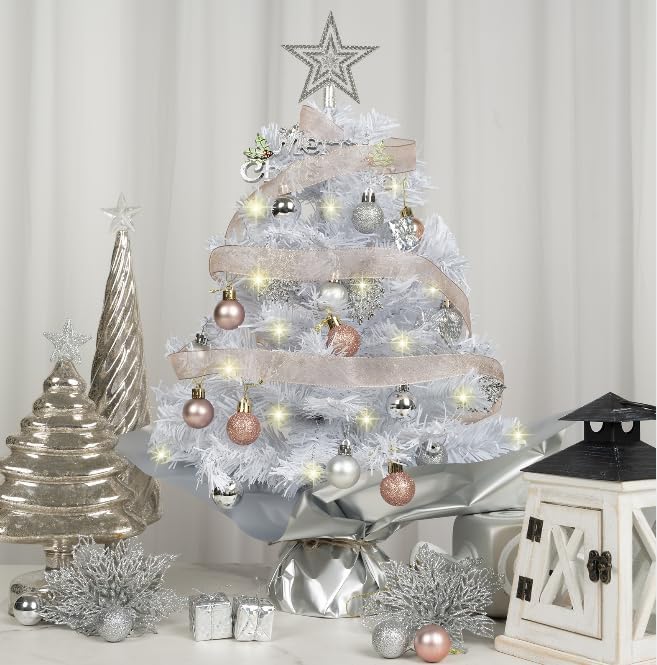 20" Mini White Christmas Tree, Artificial Mini Christmas Tree with Lights, Tabletop Christmas Tree with Star Treetop Snowflake Boxes and Ball Ornaments for DIY Christmas Decoration(White)
