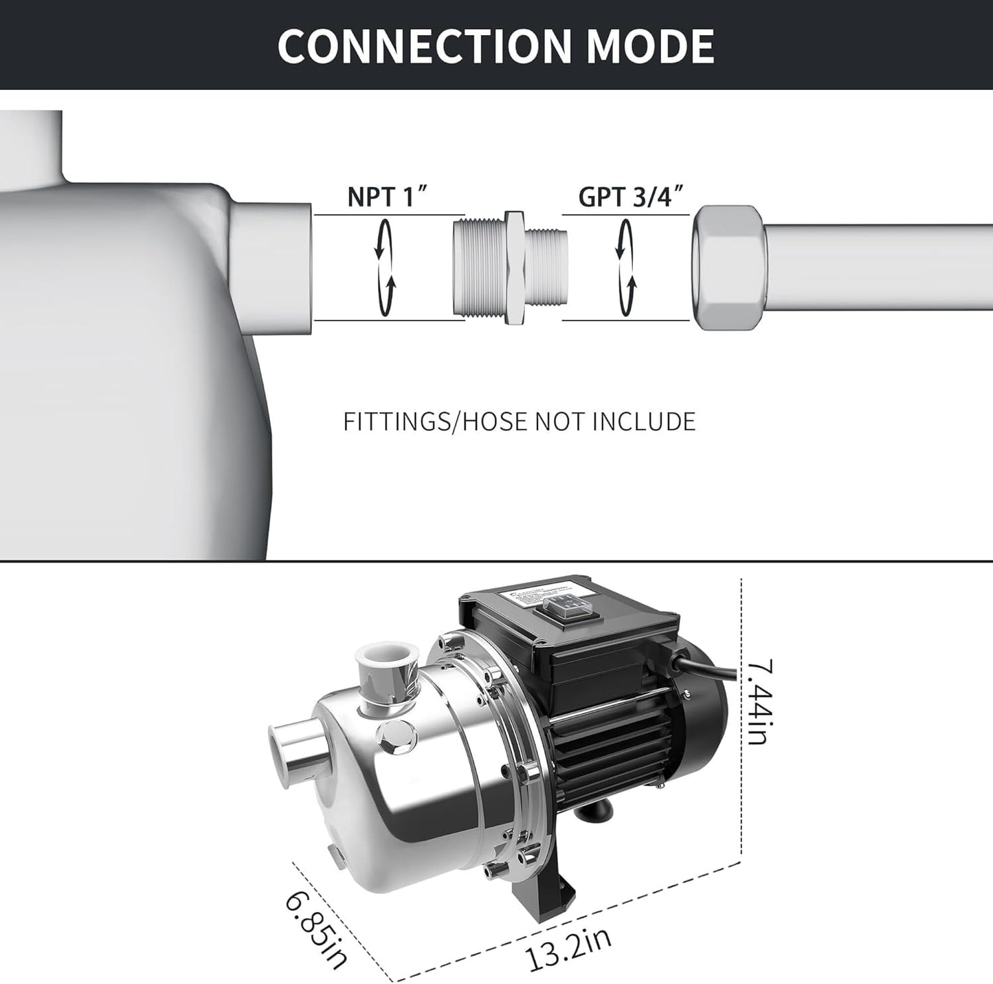 LANCHEZ 1/2 HP Shallow Well Garden Pump, Portable Stainless Steel Water Transfer Draining Irrigation Pump for Lawn Fountain, 960 GPH, 125 Feet Height