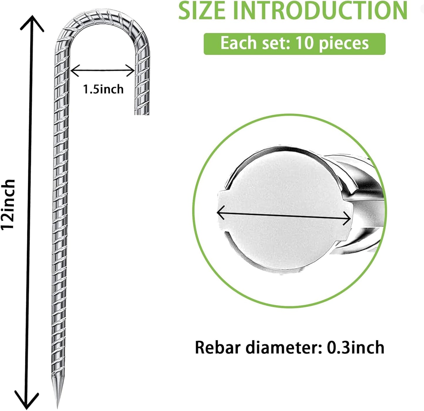 Ground-Stakes-Heavy-Duty-12-Inch, J Hook Rebar Stakes Galvanized Anti-Rust 10pcs Metal Stakes for Ground Heavy Duty Ground Anchors for Garden Dog Fence Chicken Coop Deer Fence