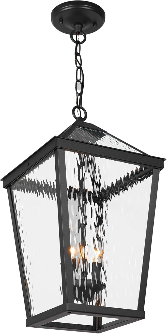 Treekee Outdoor Pendant Light, Modern Black Hanging Lantern Light for Front Porch, Adjustable Exterior Chandelier Fixture with E12 Sockets & Water Ripple Glass for Patio, Entryway, Garage, Gazebo