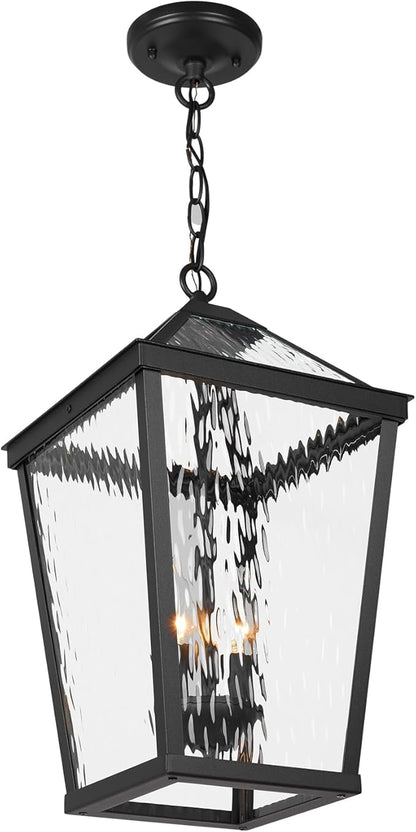 Treekee Outdoor Pendant Light, Modern Black Hanging Lantern Light for Front Porch, Adjustable Exterior Chandelier Fixture with E12 Sockets & Water Ripple Glass for Patio, Entryway, Garage, Gazebo