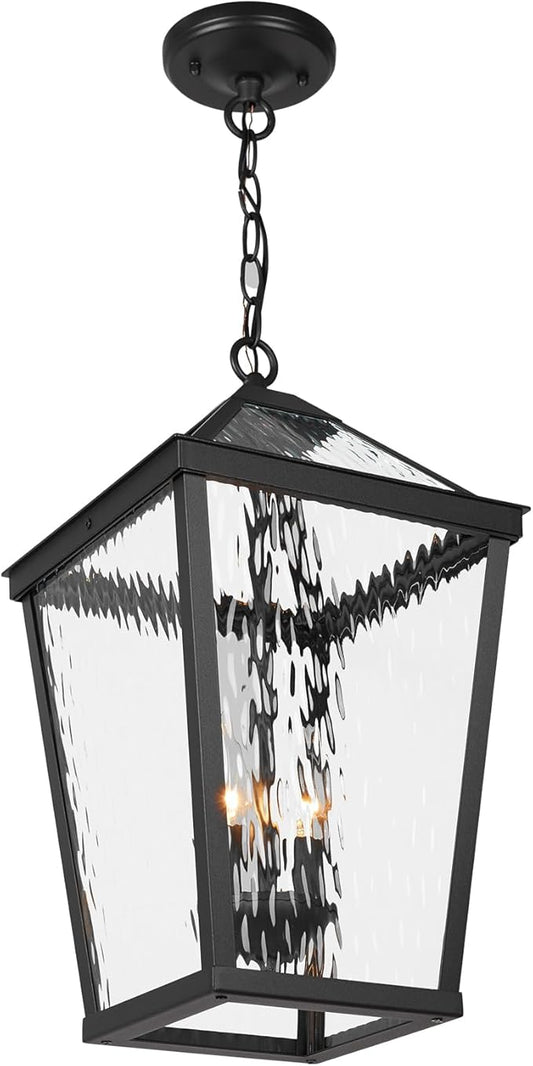 Treekee Outdoor Pendant Light, Modern Black Hanging Lantern Light for Front Porch, Adjustable Exterior Chandelier Fixture with E12 Sockets & Water Ripple Glass for Patio, Entryway, Garage, Gazebo