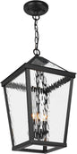 Treekee Outdoor Pendant Light, Modern Black Hanging Lantern Light for Front Porch, Adjustable Exterior Chandelier Fixture with E12 Sockets & Water Ripple Glass for Patio, Entryway, Garage, Gazebo