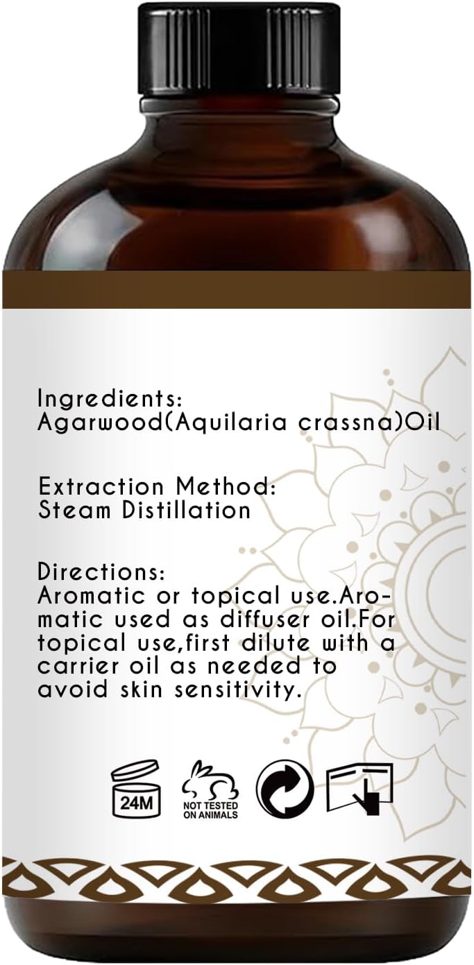 Agarwood Essential Oil, Pure Natural Organic Oud Essential Oil for Diffuser Meditation and DIY Cosmetic Making - 4 Oz