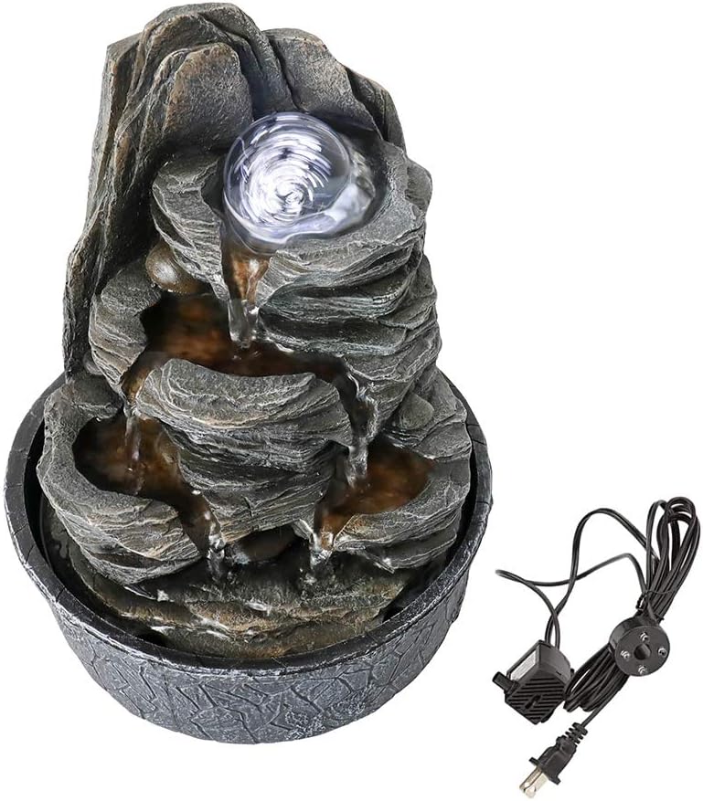 Rockery Indoor Water Fountain, Zen Meditation Tabletop Fountain with LED Lights & Crystal Ball for Home Office Bedroom 9 4/5"