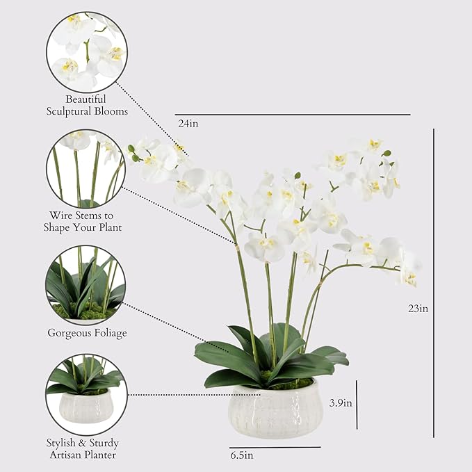 CG Hunter Faux White Orchid Plant, Premium Artificial Indoor Flower Display Stands 23”, Beautiful Sculptural Blooms That Lasts Forever, White Planter Pot Included