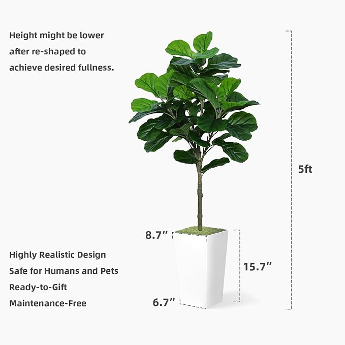 Fiddle Leaf Fig Tree Artificial 5FT - Faux Plant With Black Tall Planter - Fake Ficus Lyrata Floor Plant in Pot for Home Office Living Room Decor Indoor