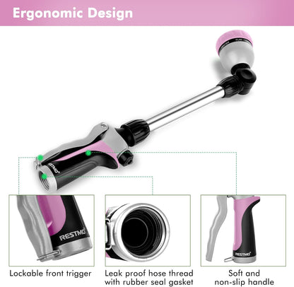 RESTMO Metal Watering Wand, Heavy Duty Garden Hose Wand with 180° Swivel Ratcheting Head, 16'' Hose Nozzle Sprayer with 7 Spray Patterns and Flow Control, for Water Hanging Baskets and Shrubs, Pink