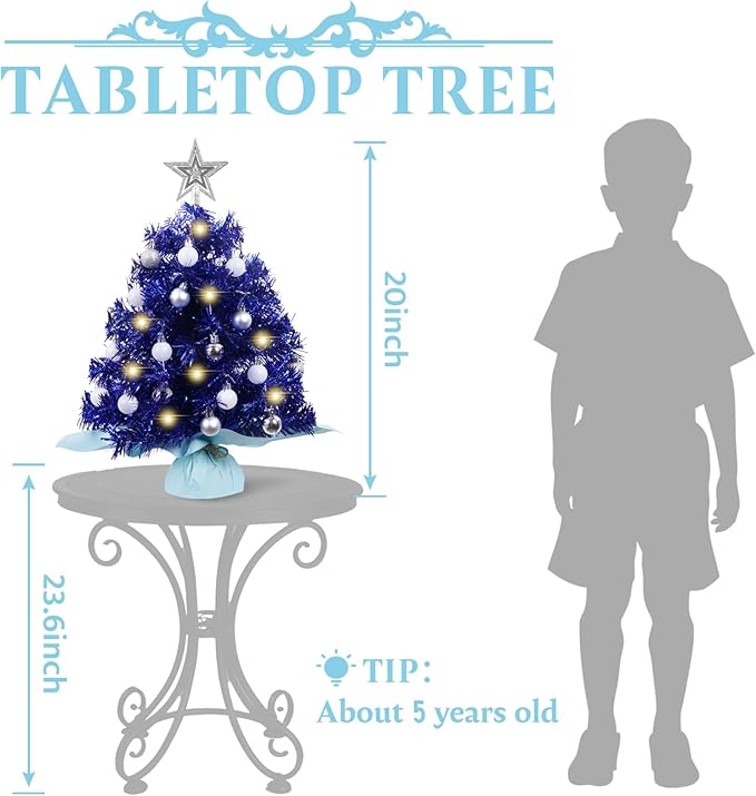 XmasExp Mini Christmas Tree with Lights Blue Small Christmas Tree Artificial Tabletop Xmas Decor Holiday Decoration for Home, Office, Party