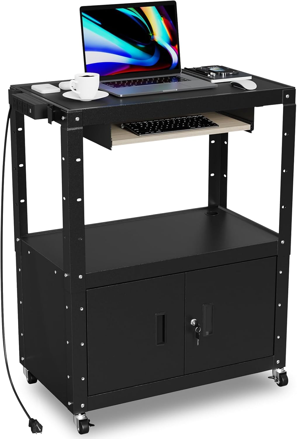 AV Cart, Adjustable-Height Rolling Computer Cart with Charging Station, Steel AV Presentation Cart with Locking Cabine & Keyboard Tray, Multipurpose Utility Cart Mobile Workstation for Office, Black