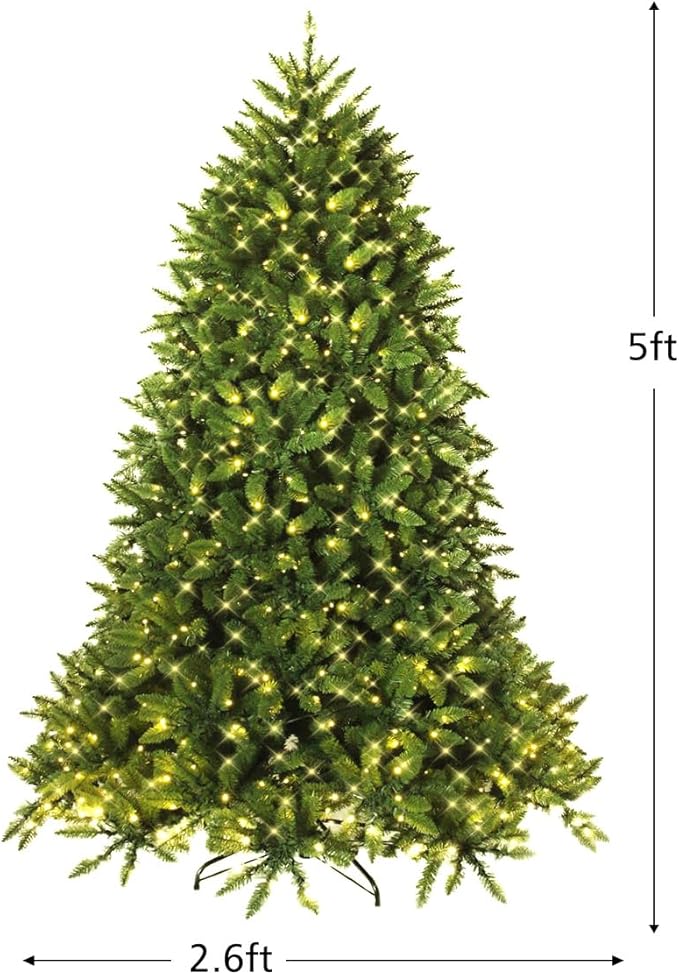 Goplus 5ft Pre-Lit Christmas Tree, Premium Hinged Artificial Fir Tree with 450 LED Lights, 600 Branch Tips and Metal Stand, Easy Assemble, Xmas Decor for Home Office