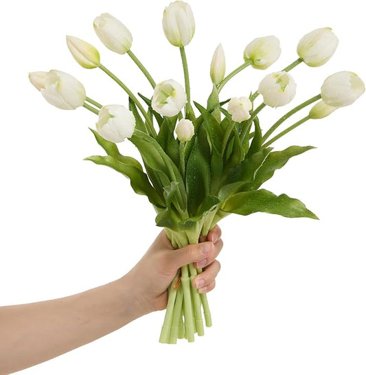 15 Pcs White Tulips Artificial Flowers Faux Tulips Real Touch Latex Fake Flower Bouquet for Spring Wedding Home Décor Centerpiece Arrangements