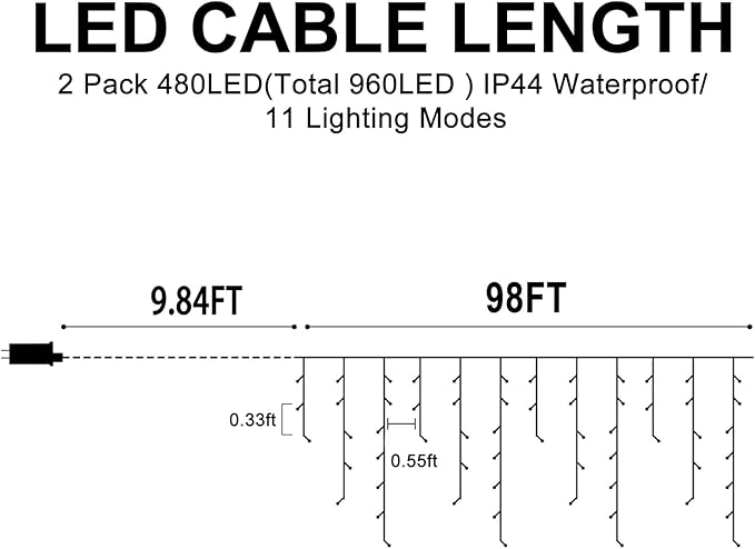 Heceltt Color Changing Christmas Lights, 2 Pack Total 98FT 960 LED Ice Lights for Outside with 180 Drops, 11 Modes Warm White to Multicolor Ice String Lights for Christmas Eaves Party Decorations