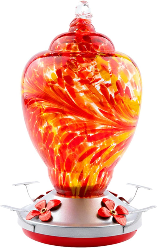 WOSIBO Hummingbird Feeder for Outdoors Patio Large 32 Ounces Colorful Hand Blown Glass Hummingbird Feeder with Ant Moat Hanging Hook, Rope, Brush and Service Card (RED)